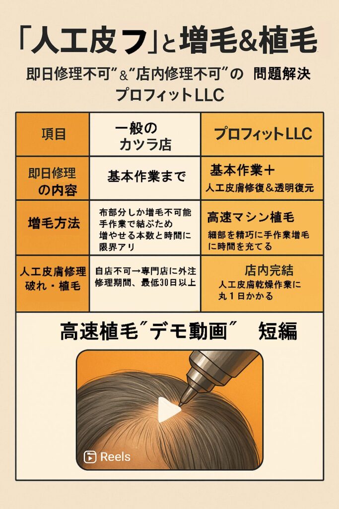 上尾埼玉発「カツラ植毛・人工皮膚修復を短時間で完結|予備カツラが不要になる修理法」プロフィットLLC埼玉上尾