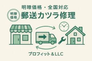 全国対応・郵送カツラ修理の流れと明瞭価格を示す上品なイラスト（プロフィット＆LLC）
