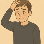 カツラの髪が立つ・跳ねる悩みで困っている男性を描いたイラスト