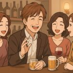 スナックで女性に囲まれて楽しそうに飲む茶髪の中年男性のイラスト｜プロフィットLLC